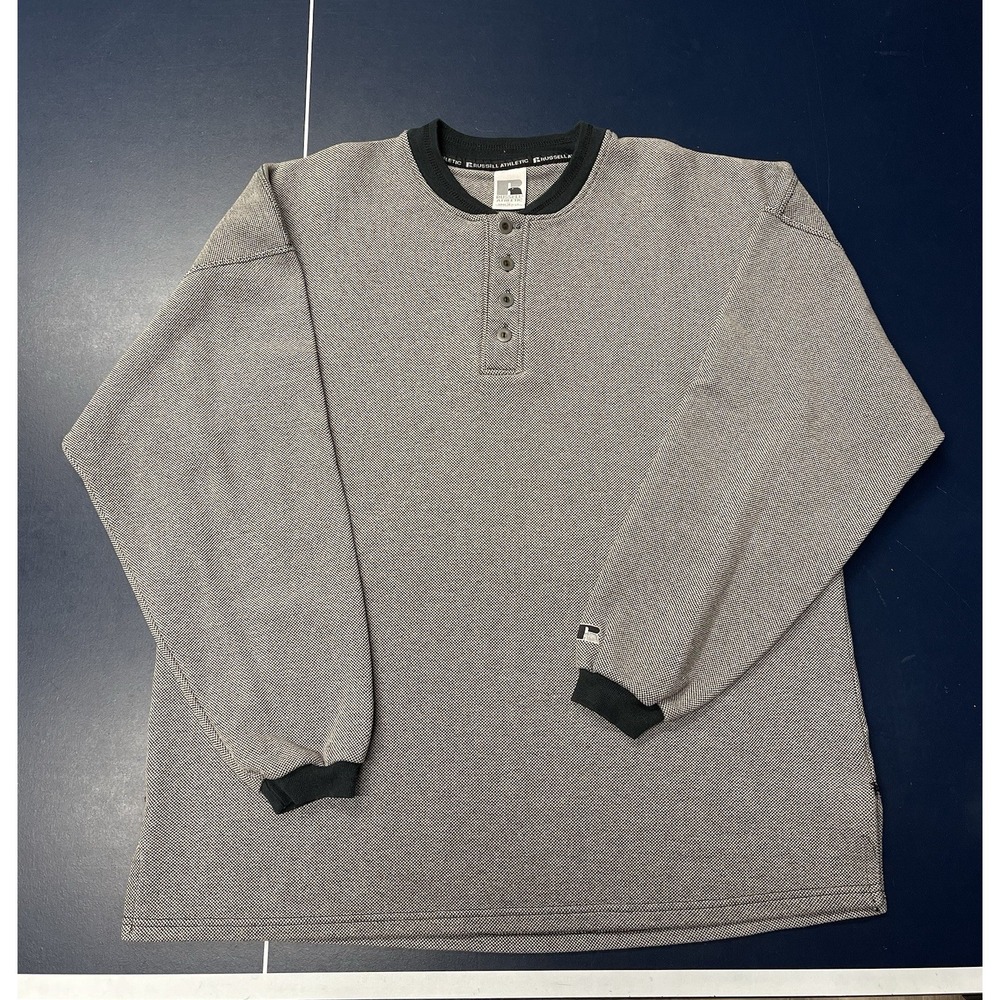 Vintage Russell Athletic Henley Fleece Pullover Sweatshirt Mens XL USA Gray